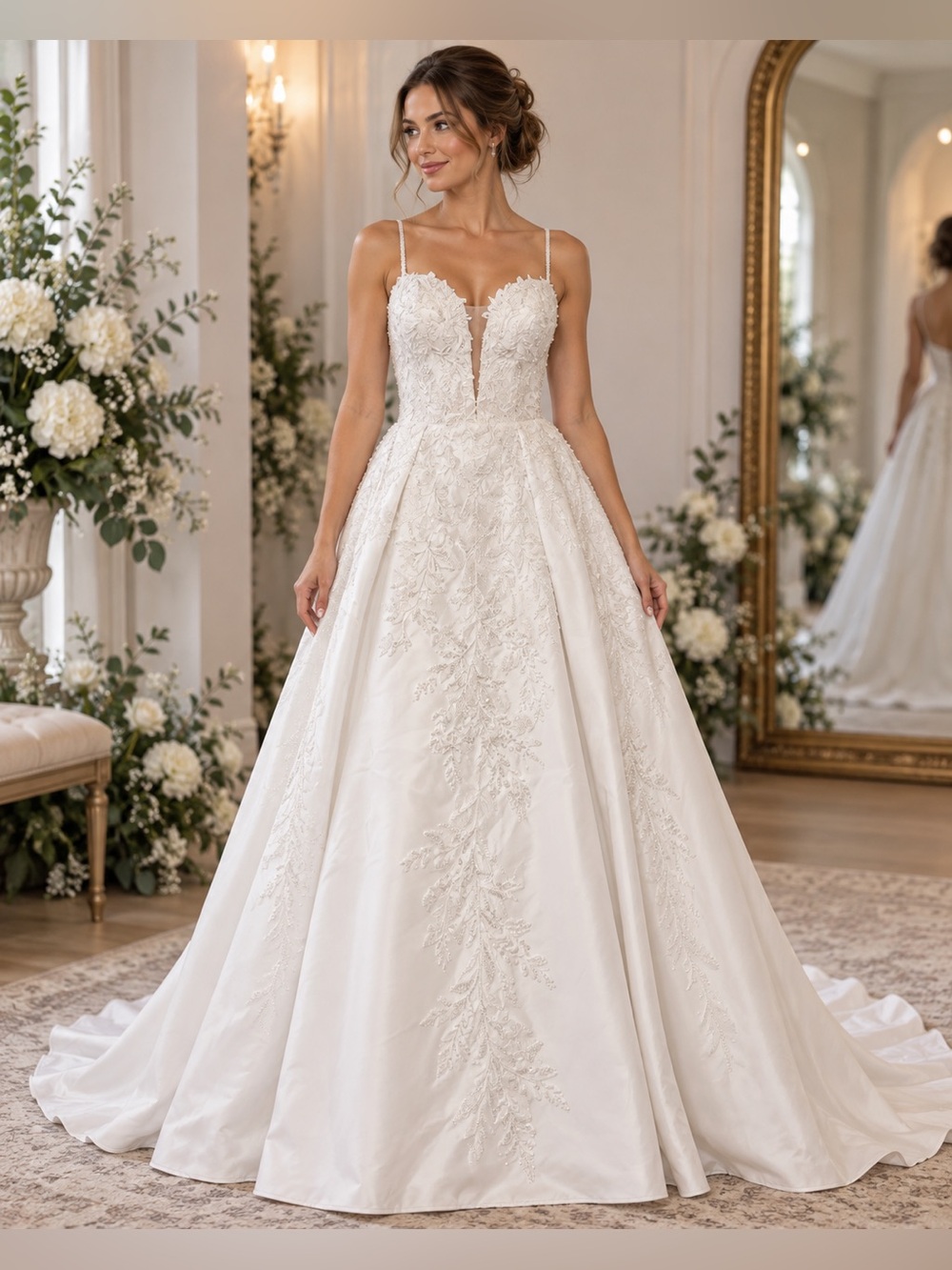 NWT Lulus Size 10 White Floral Appliqué Pearl Deep V Sweetheart Wedding Dress